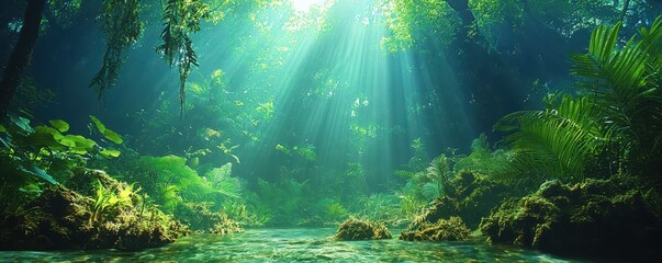 Fototapeta premium World wildlife day with conservation and awareness idea. Lush forest with sunlight filtering through trees and water below.