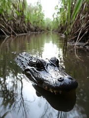 Obraz premium A black caiman with only its eyes visible above the still, reflective water.
