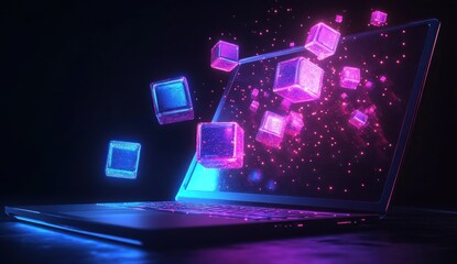 Fototapeta premium Neon Cubes Emerging from Laptop Screen: Digital Innovation