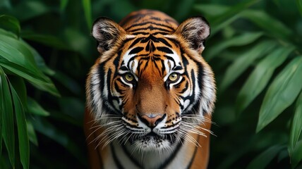 Obraz premium World wildlife day with conservation and awareness idea. Majestic tiger amidst lush green foliage.