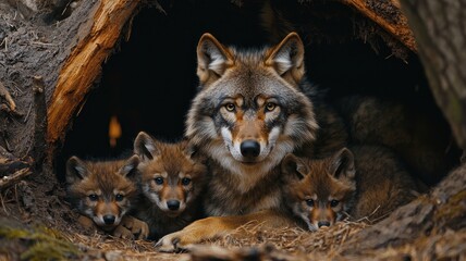 World wildlife day with conservation and awareness idea. Mother wolf with her pups in a natural den setting.