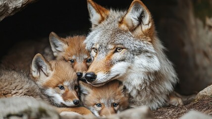 Fototapeta premium World wildlife day with conservation and awareness idea. Coyote with pups nestled together in a den.