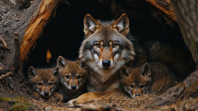 World wildlife day with conservation and awareness idea. Mother wolf with her pups in a natural den setting.