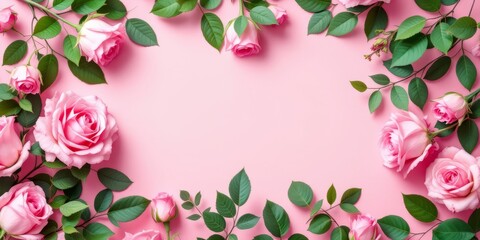 Beautiful arrangement of pink roses with fresh green leaves forming an elegant frame against a soft pink background. Ideal for romantic, floral, or decorative themes.
