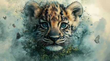 World wildlife day with conservation and awareness idea. Majestic tiger cub emerging from a mystical background.