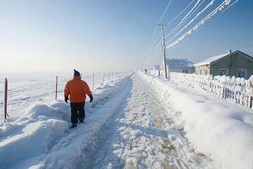 Bright winter day with a person walking along a snow-covered rural path in a frosty landscape