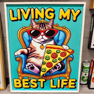 Cat on Pizza Throne with 'Living My Best Life'