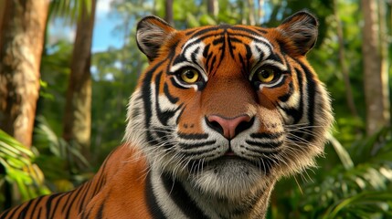 Fototapeta premium Close up of a wild cat head in a lush tropical forest, detailed fur texture, warm orange and brown stripes, bright golden eyes, textured fur, looking