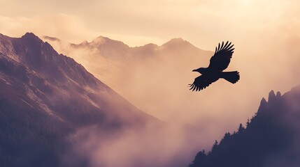 Naklejka premium A black-feathered raven flying through the misty peaks of a mountain range.