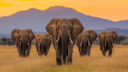 Fototapeta premium World wildlife day with conservation and awareness idea. Herd of elephants walking in golden sunset light.