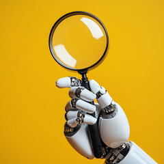 Exploring generative AI with a robotic hand holding a magnifying glass against a vibrant yellow background. Generative AI