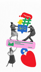 Group of employees balancing digital symbols like hashtags, alerts, and comments, illustrating...