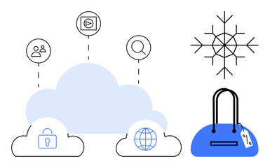 Cloud services with security, global access, and media icons, connected to user and search. Blue handbag with price tag symbolizing online shopping. Large snowflake for winter. Ideal for tech
