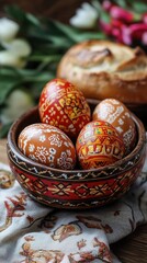 Colorful easter eggs in wooden bowl with traditional bread and spring flowers. Vertical photo