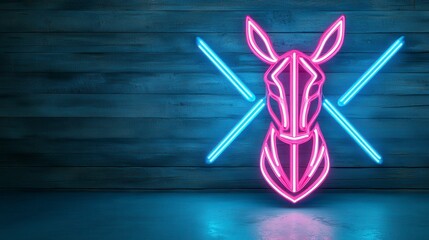 Neon pink stylized horse head graphic against dark gray wooden wall, illuminated by bright pink and light blue neon lights, creating a vibrant and