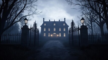 A dark, eerie mansion looms behind wrought iron gates, shrouded in misty twilight, with faint lights glowing from its windows.