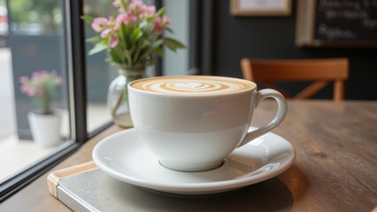 Elegant white coffee cup perched on a pristine white saucer, subtly tilted left atop a rustic wooden table, capturing cozy morning moments in detail