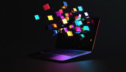 Neon Cubes Emerging from a Laptop Screen: Digital Innovation