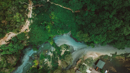 Aerial rising over Blue eye spring a natural phenomenon in Albania