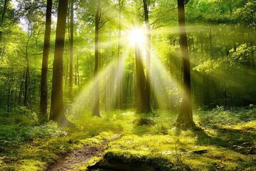 Sunlight Peeking Through Lush Green Forest Trees in Springtime