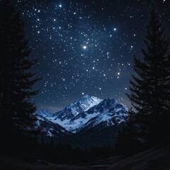 Naklejka premium Snowy mountain peak under starry night sky, viewed through trees