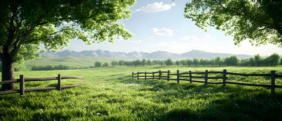 Sunny Spring Meadow, Fence, Mountains