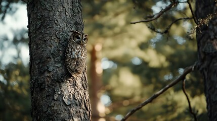 Fototapeta premium A brown owl perched on a tree trunk, its feathers perfectly matching the bark.