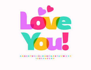 Vector Romantic Card Love You with Decorative Hearts, Modern Watercolor Font. Fashion Transparent Alphabet letters and Numbers set.