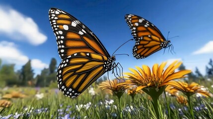 Naklejka premium Two butterflies in flight over a field of wildflowers under a partly cloudy sky, vibrant colors of orange, black, and white contrast with the blue