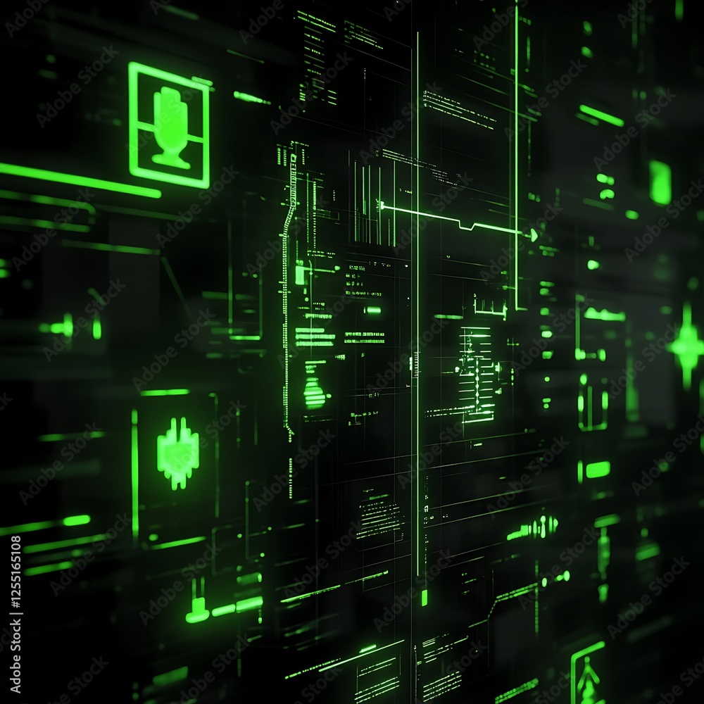 Poster Futuristic digital interface with green glowing data streams