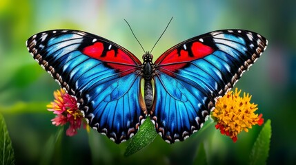 Fototapeta premium Vibrant butterfly with vivid blue wings featuring red accents, perched amidst colorful flowers. Close up shot highlights intricate wing patterns and