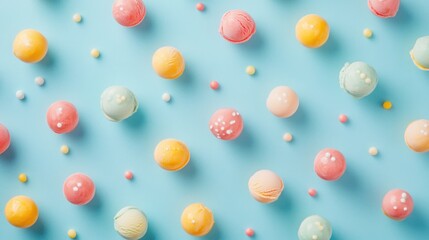 Pastel candy balls pattern, blue background, food photography, website banner