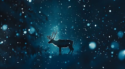 A caribou silhouetted against the Northern Lights, standing amidst falling snowflakes.