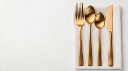 Elegant golden cutlery arranged neatly on a textured napkin, showcasing a modern dining setup against a clean background.