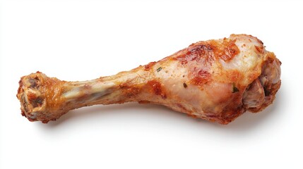 A crispy, golden-brown chicken drumstick served on a white background, highlighting its juicy texture and delicious appearance.