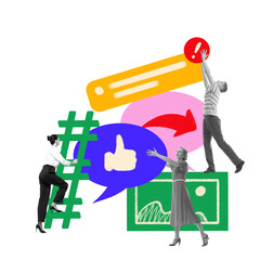 People climbing and balancing oversized digital icons,speech bubbles, representing teamwork in...