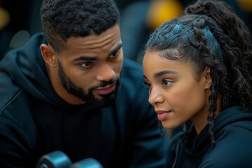 Fototapeta premium Young couple engaging in conversation at the gym while working out with weights