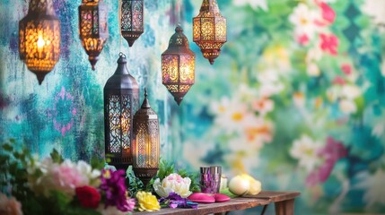 Naklejka premium Enchanting Moroccan Lanterns Illuminated Against a Floral Backdrop