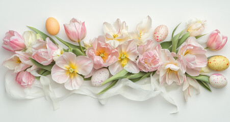 Beautiful bouquet of pastel tulips arranged with ribbon and colorful eggs, perfect for an Easter celebration in spring