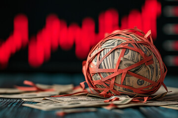 Conceptual Image of Money Rolled into a Ball with Rubber Bands on a Background of Financial Graphs