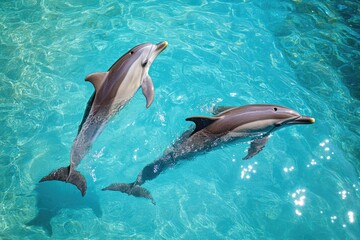 Obraz premium Top - down view of dolphins swimming near the shore in clear blue water