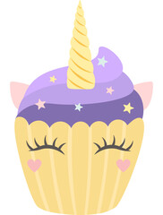 Adorable unicorn cupcake with purple frosting, stars, a golden horn and closed eyes with long eyelashes is winking, creating a whimsical and magical treat