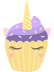 Adorable unicorn cupcake decorated with purple frosting, sprinkles, a golden horn, pink ears, closed eyes and hearts, creating a whimsical and magical treat