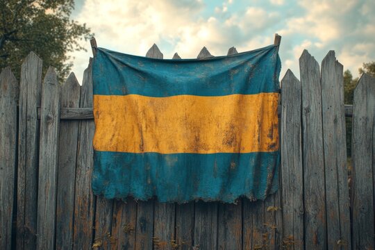A wooden fence with a waving Ukrainian flag in the background
