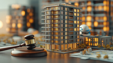 Model of a Modern Building with Gavel and Legal Documents on Desk Representing Real Estate Law and Property Development