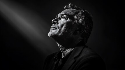 Man looking upwards in dramatic light.  Possible use stock photo for spirituality, contemplation, or faith