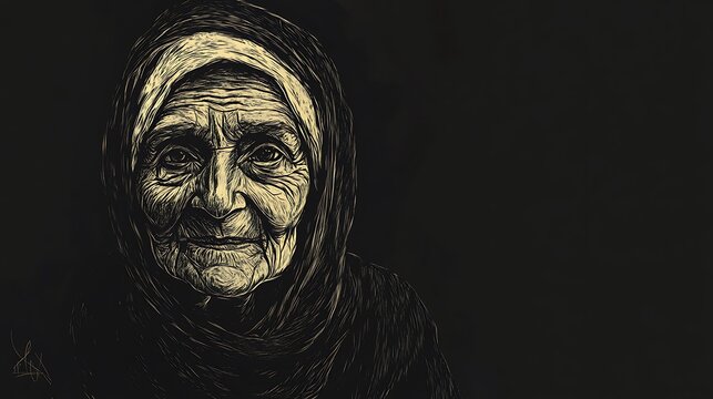 Aged woman in hijab, thoughtful portrait, contemplative expression