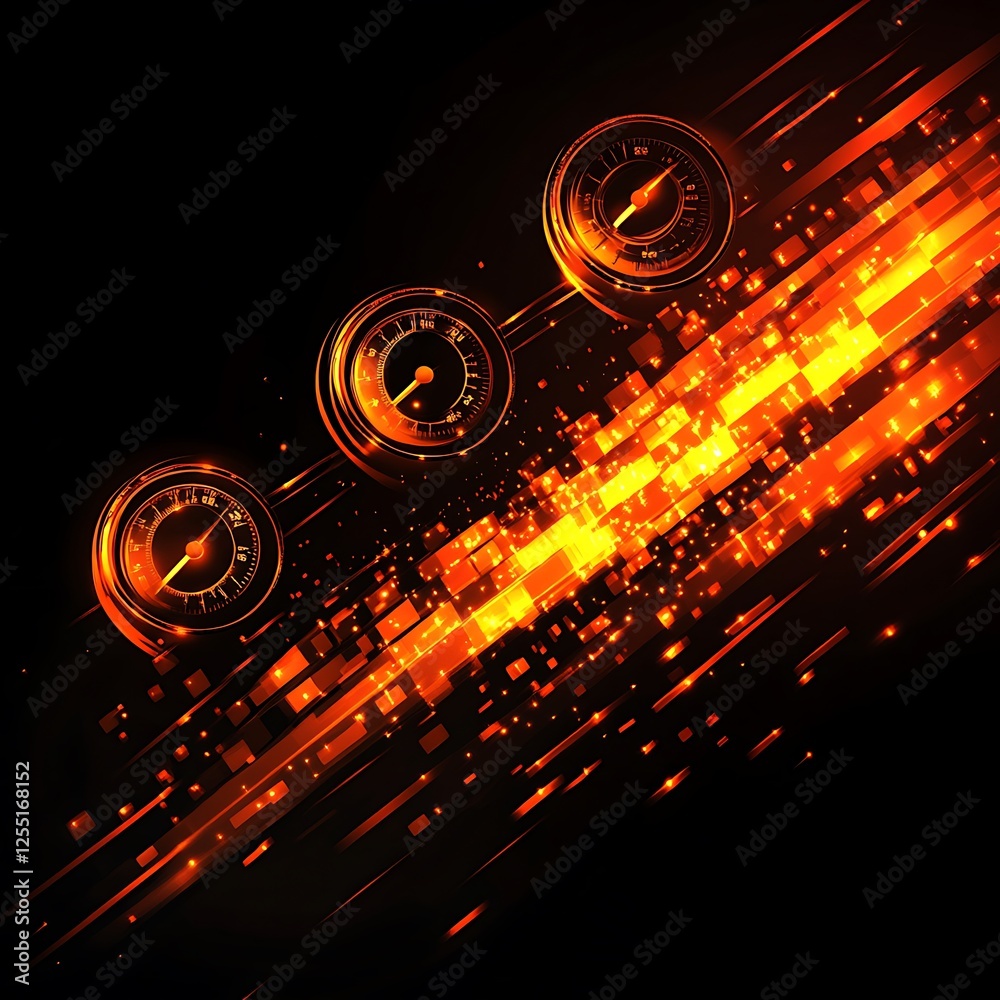 Poster Abstract speed gauges, digital data stream, dark background. Possible use tech background, website graphic