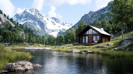 Fototapeta premium Mountain cabin river landscape; peaceful retreat