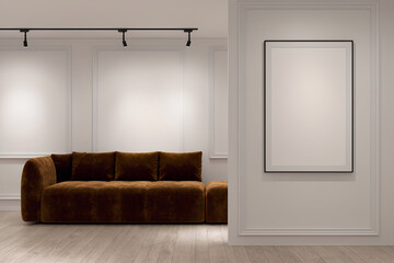 Modern living room mockup with blank wall and picture frame combination, dark coffee velvet sofa, track spotlights, 3d, 300dpi